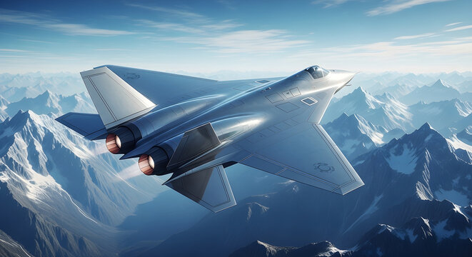 Military fighter jet soaring over snow-capped mountain range in dramatic cloudy sky