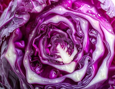 Vibrant purple cabbage cross section close up view.