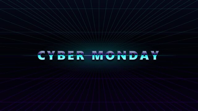 Cyber monday retro synthwave text animation 80s neon grid background, for digital sales