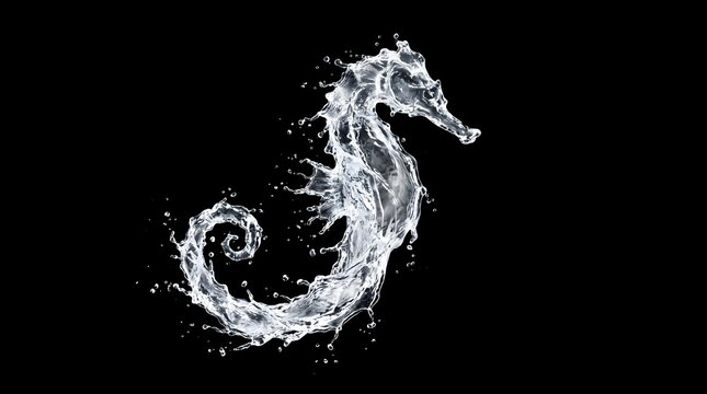 Seahorse shape created from splashing water against a dark background