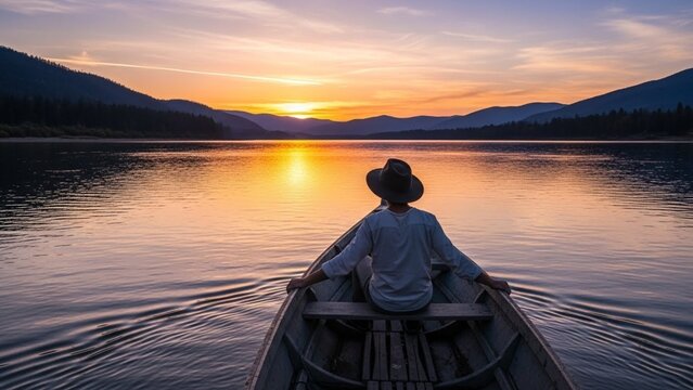 A back-view shot of a person wearing a hat rowing a wooden boat across a tranquil lake towards mountains during a vibrant golden sunset.