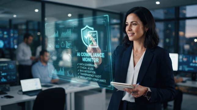 Professional reviewing ai compliance monitoring dashboard with data governance controls in modern office with regulatory compliance sleek office environment