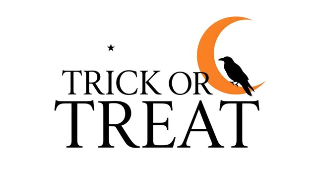 A festive halloween graphic featuring the words trick or treat with a black crow perched on an orange crescent moon
