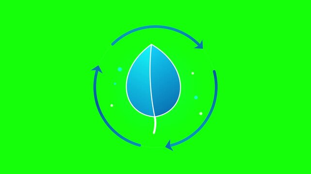 Sustainable recycling leaf animation with circular arrows on green screen background