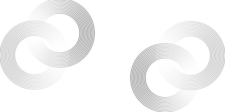 Circular lines geometric background in abstract style. Modern line art illustration with black circular concentric on halftone design template.
