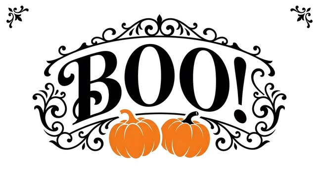Decorative vintage style halloween sign featuring the word boo written in black calligraphy with two orange pumpkins below