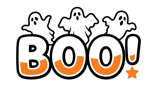 A festive halloween graphic featuring the word boo with orange liquid fill and three cute cartoon ghosts above it