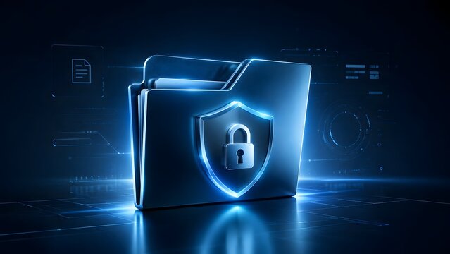 Secure digital data folder with glowing blue shield and padlock representing cybersecurity privacy and confidential document storage.