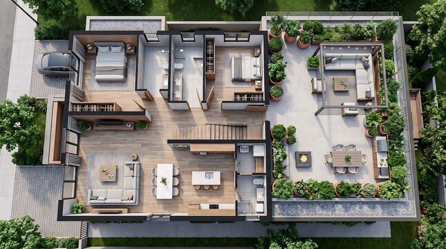 Modern luxury duplex apartment floor plan with rooftop garden and open living space design