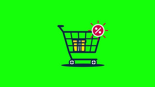 Animated shopping cart with discount moving across screen on green screen ecommerce