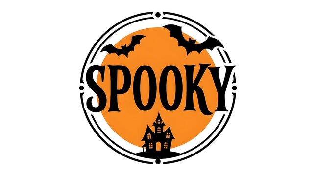 A circular halloween design featuring the word spooky with a haunted house silhouette and flying bats on orange background