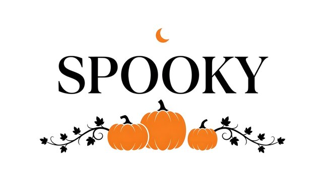 A festive halloween design featuring the word spooky in elegant black typography with orange pumpkins and decorative black vines