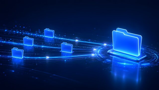 High speed digital data migration concept with glowing blue folders moving along optical fiber light trails in a cyber network.