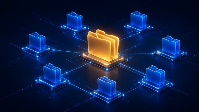 Centralized digital database concept with a glowing golden master folder connected to a network of blue file directories.