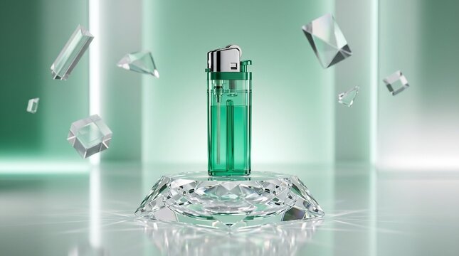 Clear green lighter with floating crystal shards on a reflective surface