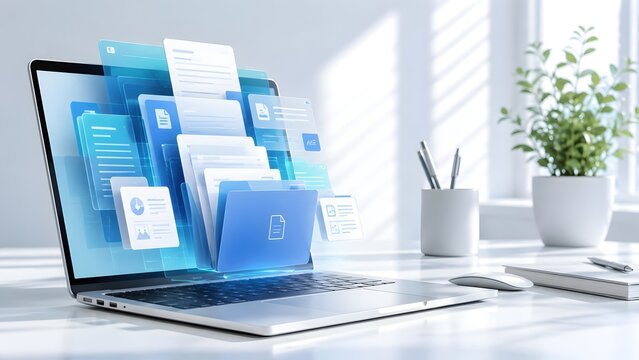 Digital document management system concept with glowing blue folders and files floating from a laptop screen in a bright office.