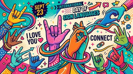 Obraz premium Colorful hands gesturing for International Day of Sign Languages.