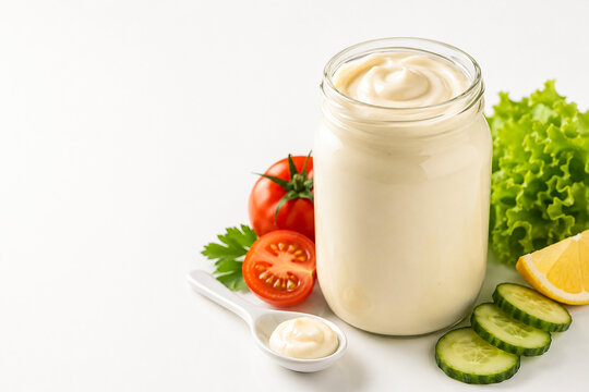 Premium Unbranded Mayonnaise Jar with Fresh Vegetables and Creamy Sauce