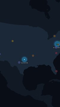 Regional power demand hubs display gigawatt consumption hotspots on an illuminated East Coast map in a vertical 3D geospatial data animation
