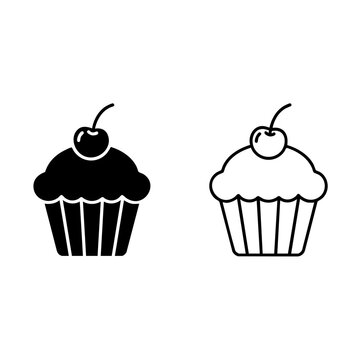 cupcakes with cherry on top, line art with silhouette vector illustration design