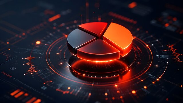 Futuristic glowing 3D pie chart on a digital high-tech interface representing financial data analytics and modern business strategy.