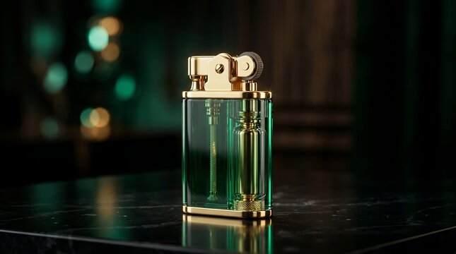 Elegant gold and green glass lighter detailed macro shot