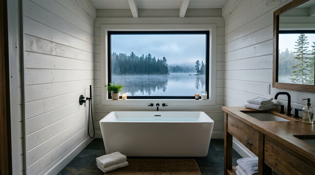 modern rustic bathroom with lake view | luxury freestanding soaking tub in cabin | scandinavian interior design spa bathroom | peaceful forest window bathroom