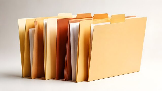 Row of standing manila file folders filled with paper documents representing office organization bureaucracy and corporate administration