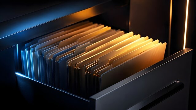 Glowing warm light illuminating organized file folders inside an open dark metal filing cabinet drawer representing secure business archives