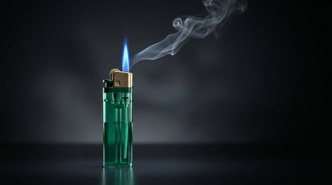 Green plastic lighter with blue flame and wisps of smoke