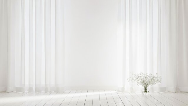 White sheer curtains hanging in a bright room with a small flower vase