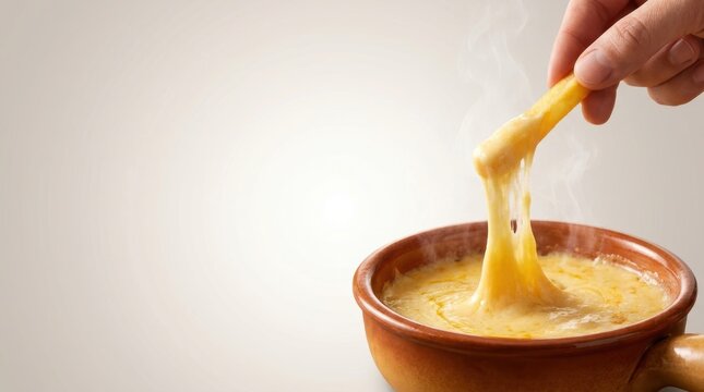 Hand dips a french fry into a bubbling pot of hot melted cheese fondue creating strings of cheese