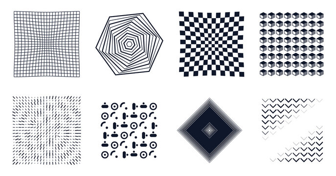 Set of abstract geometric patterns and optical illusions isolated on transparent background