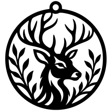 Decorative circular deer silhouette ornament with intricate antlers and leaf details for laser cutting or crafts