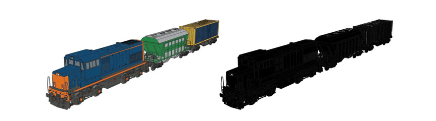 Colorful diesel freight locomotive and black silhouette railway train illustration isolated on white background © MdAzahar