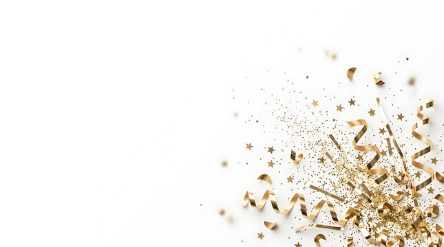Golden party confetti and streamers burst on a white background with empty space for celebration text