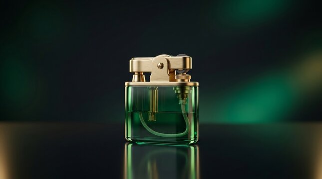 Luxurious green glass table lighter with gold metal accents studio shot
