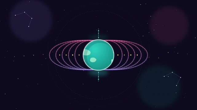 Animated teal planet with rings in space background with stars and constellations for astronomy science education loop