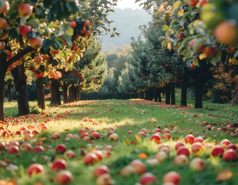 Autumn apple orchard with red fruit and trees in sunlight.