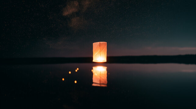 A bright floating paper lantern glowing in the dark night sky over a calm lake. A magical reflection on the water with a breathtaking starry background, symbolizing hope.