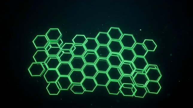 Glowing green hexagonal honeycombs floating in dark abstract space