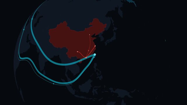 Semiconductor supply lines connect across East Asia on a dark globe 3D animation featuring luminous cyan and red network arcs for geopolitical tech concepts