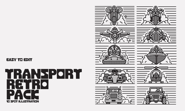10 Retro Transport Spot Illustrations &ndash; Editable Black and White Vector Pack