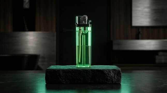 Transparent green plastic lighter on dark pedestal