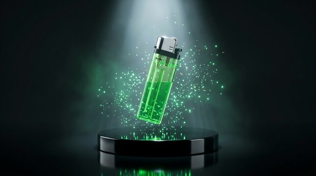 Transparent lighter with green fluid and glowing particles on pedestal