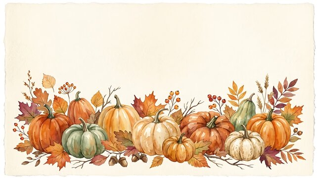Autumn Harvest Watercolor Border with Pumpkins and Fall Leaves gourds