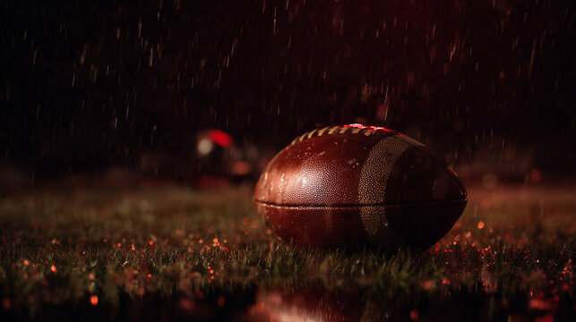 A cinematic shot of an American football lying on the grass during a rainy night match, with dramatic red lighting and heavy downpour, perfect for intense sports concepts.