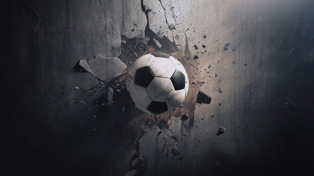 A dramatic image of a soccer ball smashing through a concrete wall, causing debris and dust to fly, representing explosive power, breaking barriers, and intense athletic action.