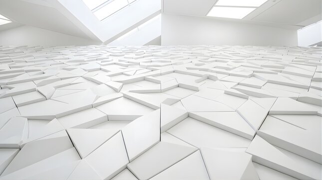 Modern minimalist interior with white geometric floor pattern and light