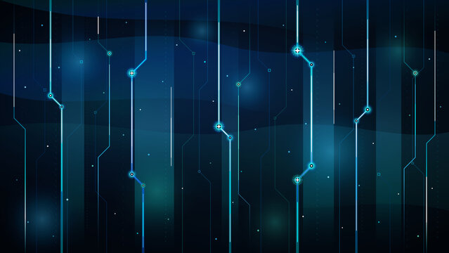 A futuristic digital circuit board with glowing blue lines and nodes creates a mesmerizing abstract pattern, evoking a sense of advanced technology and digital connectivity.